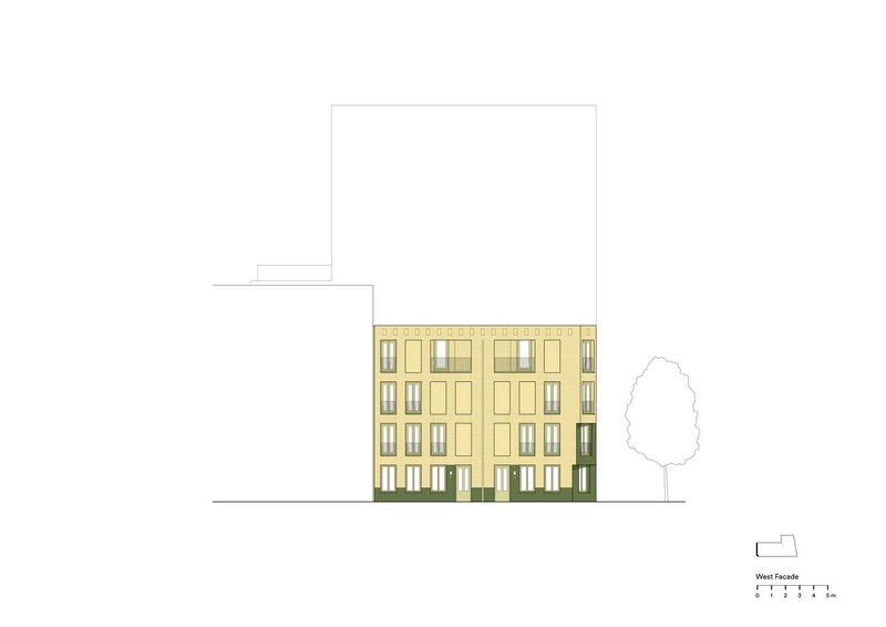 West facade elevation drawing of a low-rise volume with yellow panels and scattered window openings beside a tree