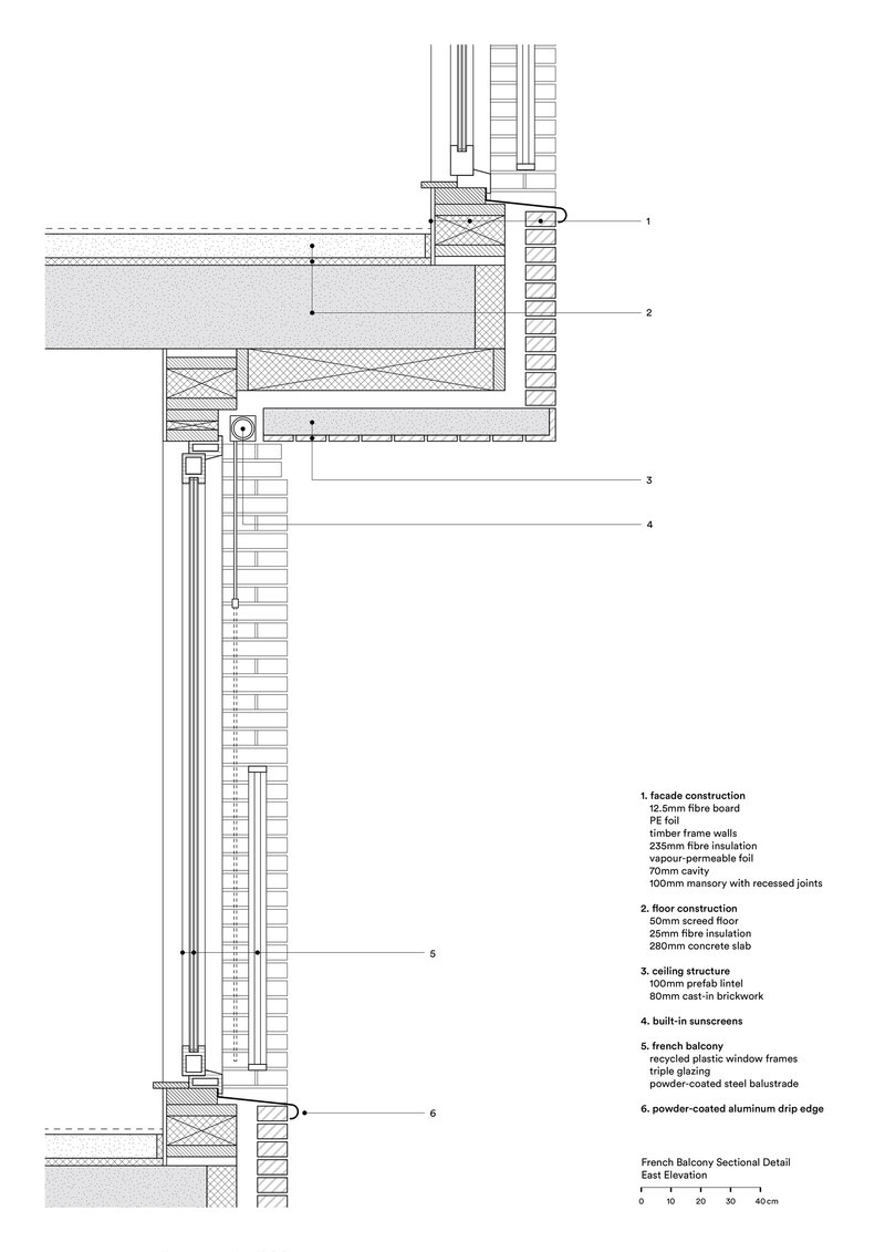 Wall section detail drawing showing facade construction layers, insulation, timber frame and floor-to-ceiling connection