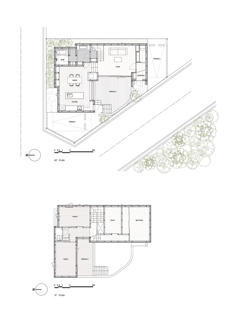 Ground floor and first floor plan drawings showing angled triangular footprint with terraces and landscaping
