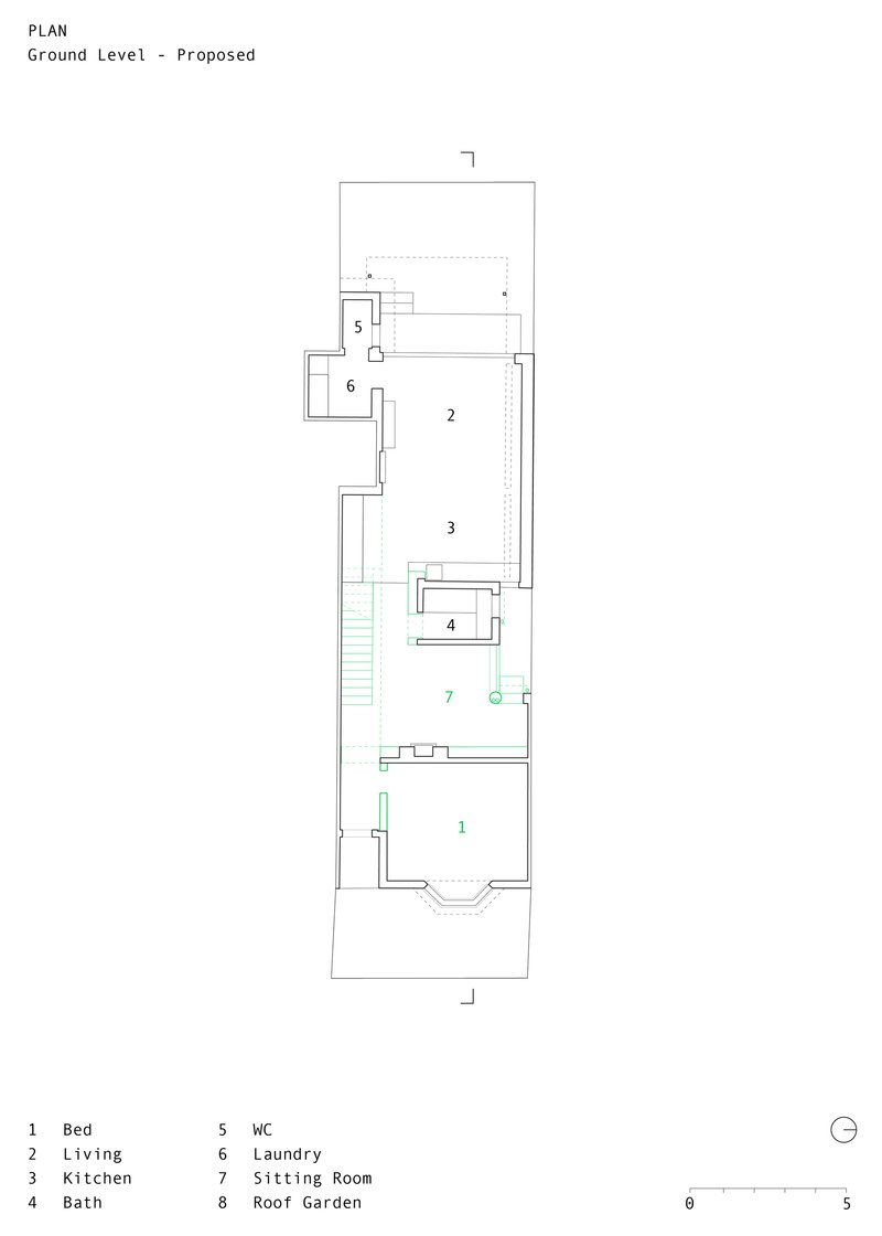Proposed ground level plan drawing with new stair location and reconfigured interior partitions highlighted in green
