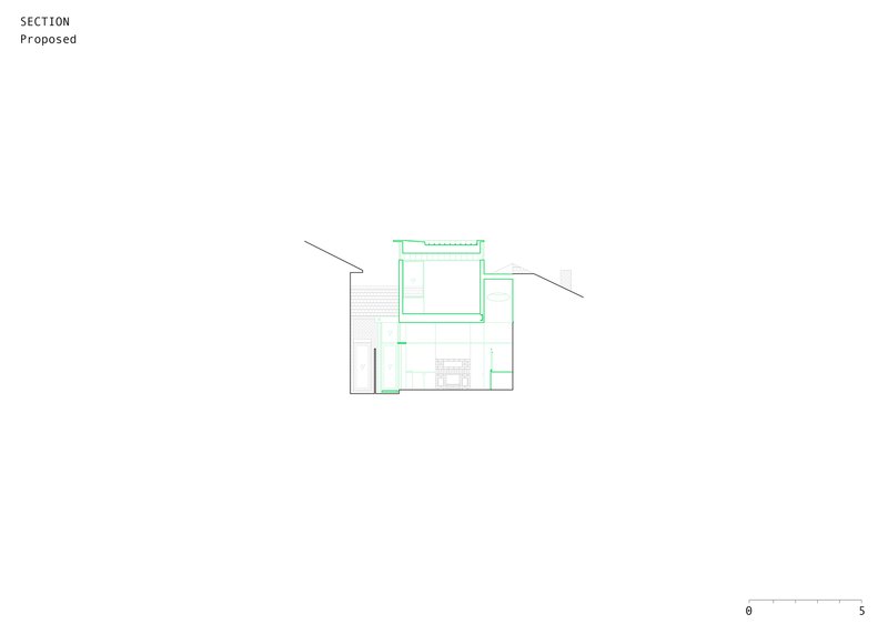 Section drawing showing the proposed two-story volume with roof terrace and sloping adjacent rooflines
