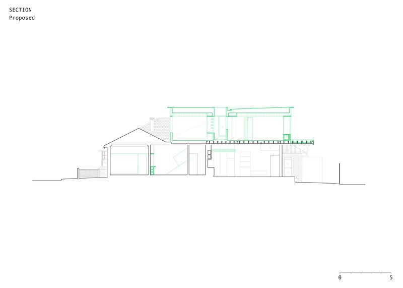Longitudinal section drawing showing relationship between existing single-story structure and new two-story extension with timber deck
