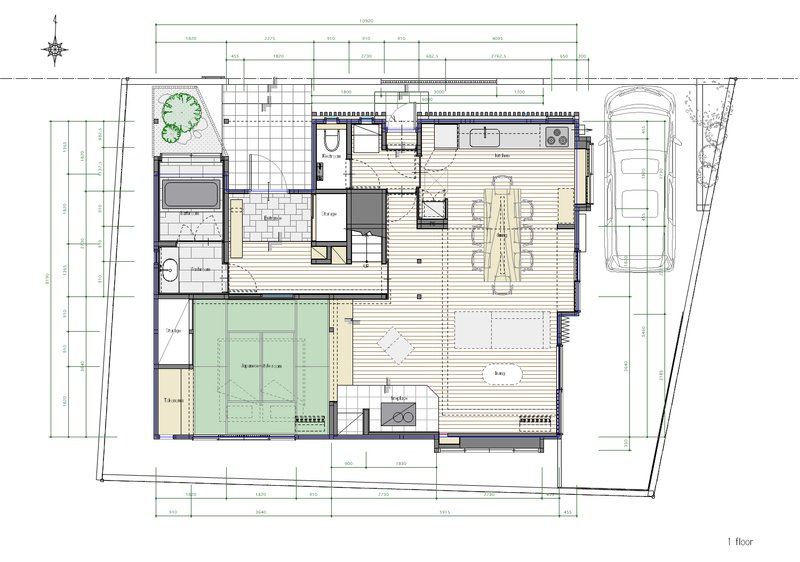 Floor plan drawing showing first level with a tatami room, living spaces, bathroom, and adjacent garden area