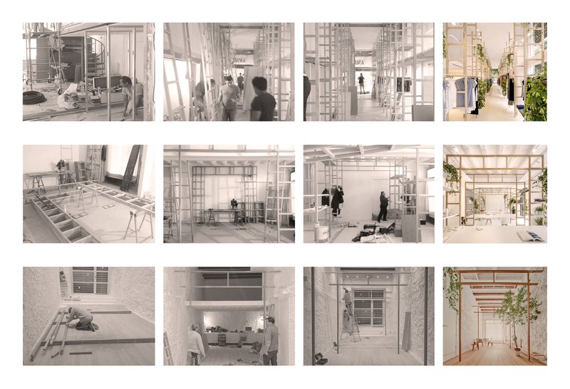 Construction photograph sequence showing the renovation process from demolition to completion with timber framing and planting