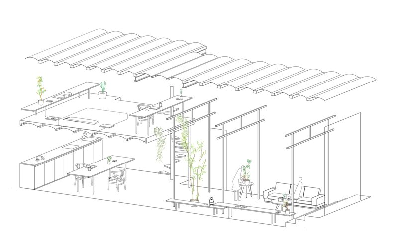 Axonometric cutaway drawing revealing interior spaces with corrugated roof, planted partitions and furnished zones