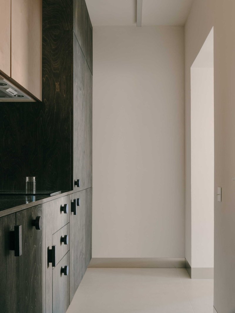 Galley kitchen with dark stained wood cabinetry, black hardware, and natural daylight from adjacent room