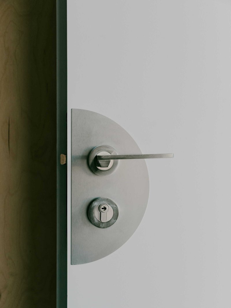 Brushed steel door handle and lock set on a semicircular plate against a white door