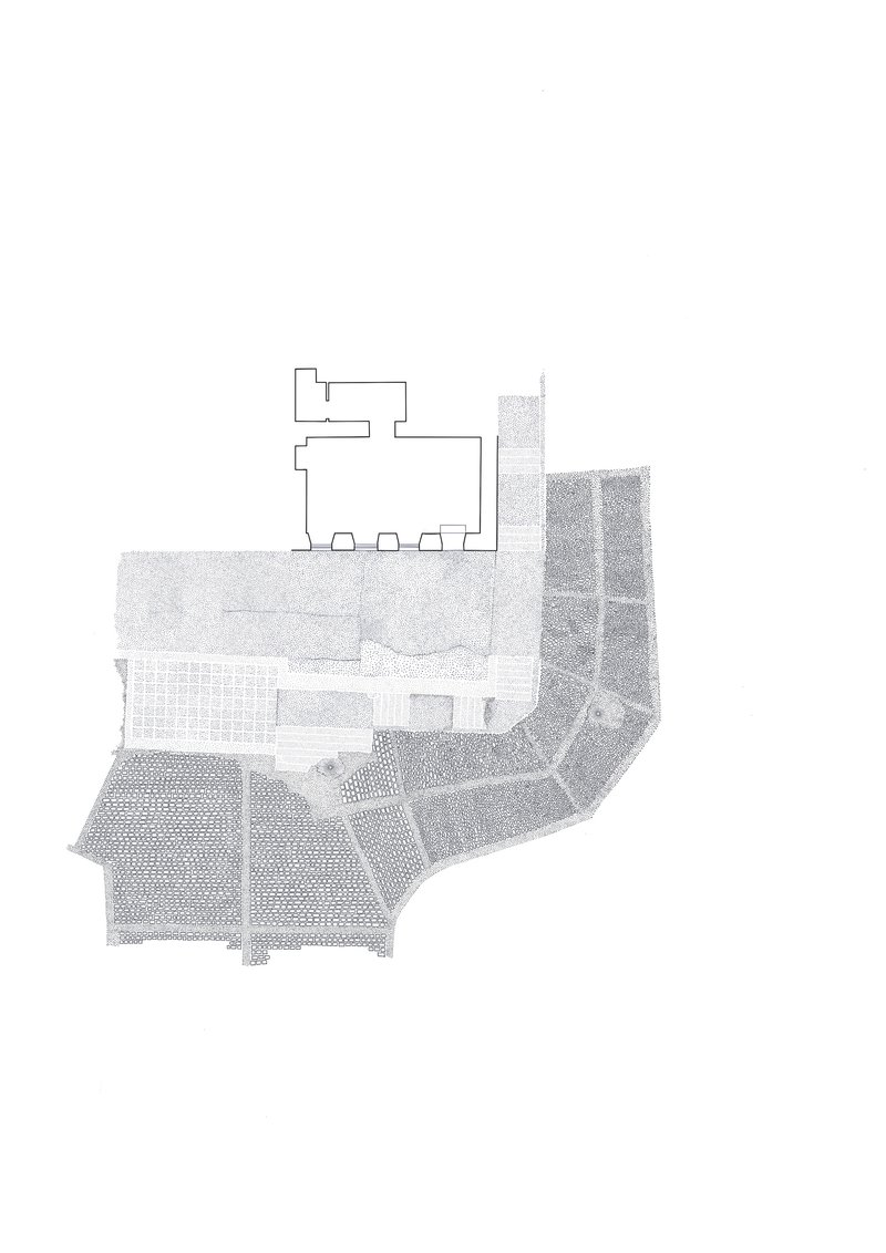 Site plan drawing showing building footprint with surrounding paved and planted areas
