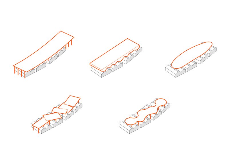 Diagram showing five sequential isometric views of a roofline transforming from straight to undulating