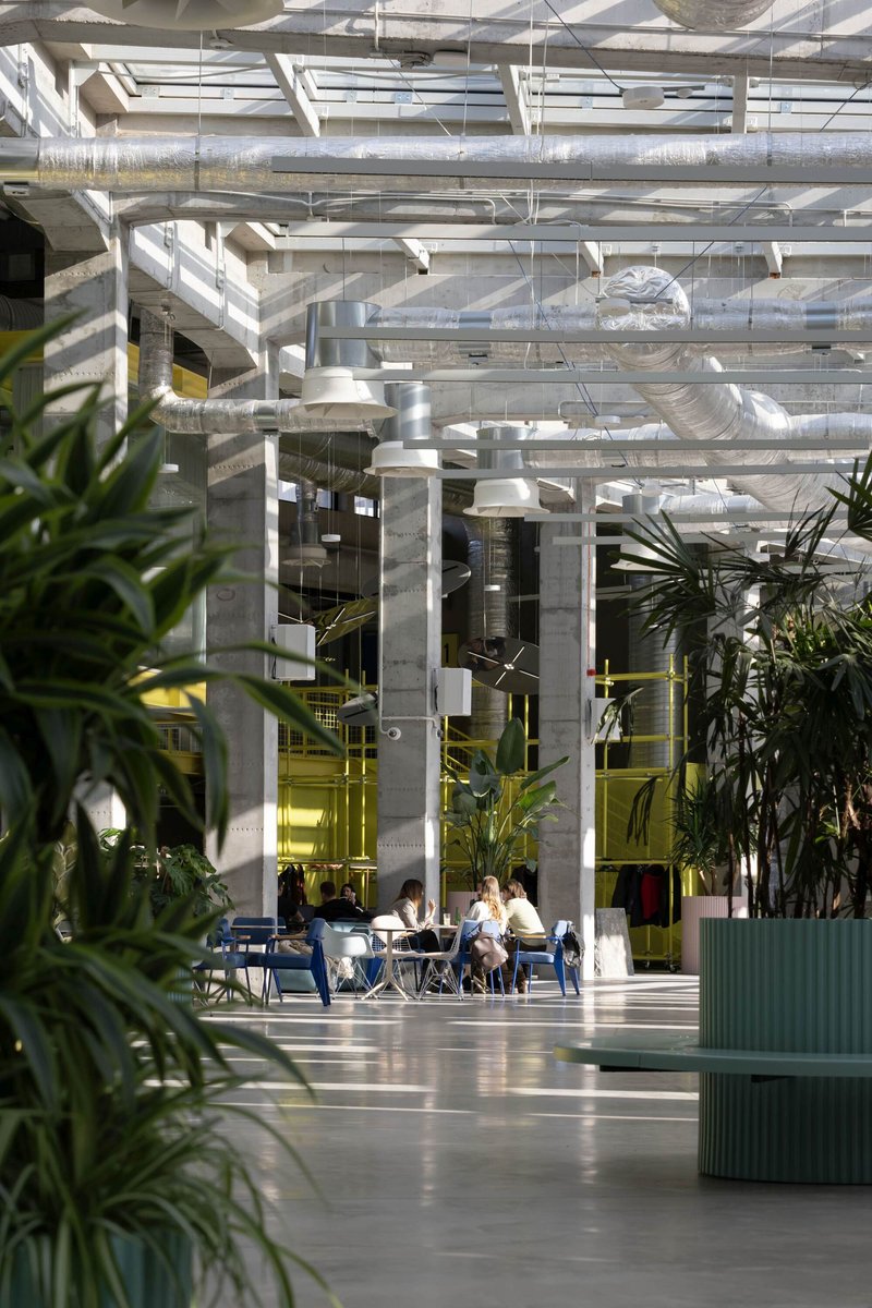 Interior workspaces beneath exposed ductwork and pendant lights with potted plants framing the view