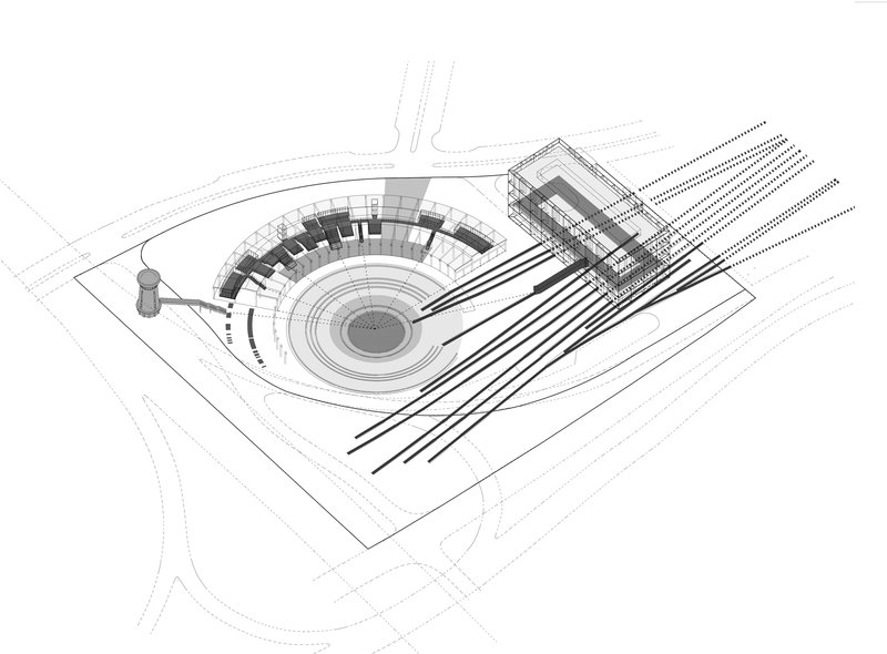 Axonometric drawing showing a circular arena with radial seating and adjacent rectangular service building