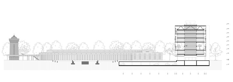Elevation drawing showing the long horizontal colonnade with cylindrical tower and a sectional detail of interior levels
