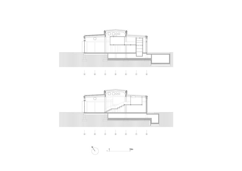 Section drawings showing the cylindrical tower structure with internal stairs and connection to the main building volume