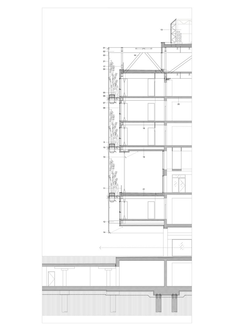 Wall section detail drawing showing the multi-story structure with floor plates, columns, and green wall at facade