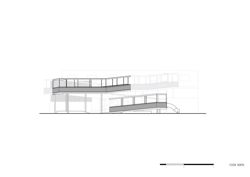 Elevation drawing depicting a two-story structure with horizontal banding and cantilevered upper terraces