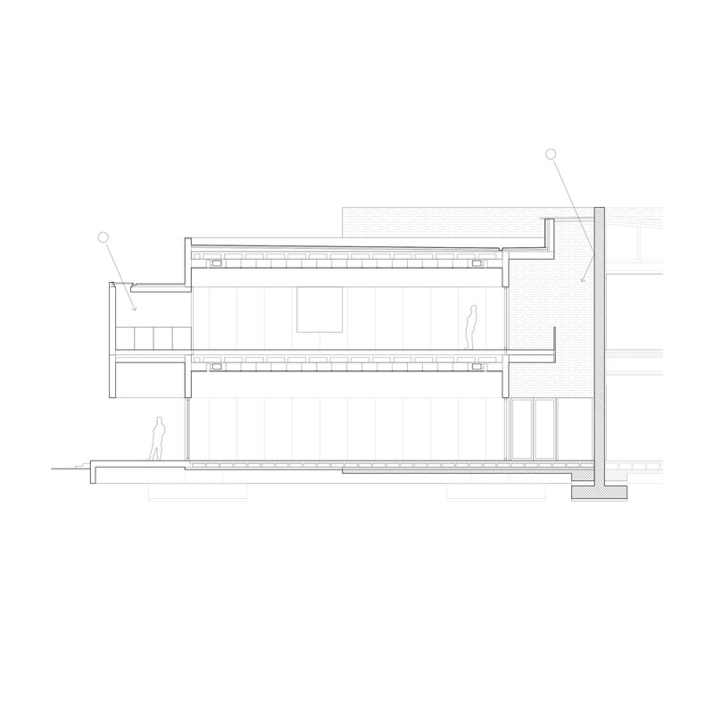 Section drawing showing two levels with terraces, interior spaces and human figures for scale