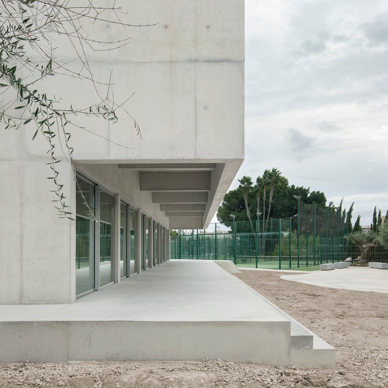 Cantilevered concrete terrace overlooking tennis courts with olive branches draping the corner