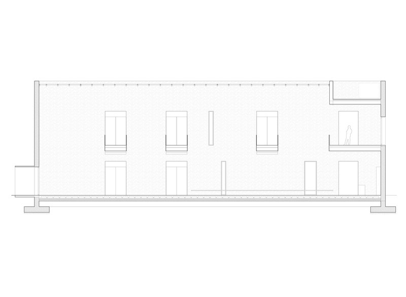 Elevation drawing showing a long facade with six window openings and a figure at right