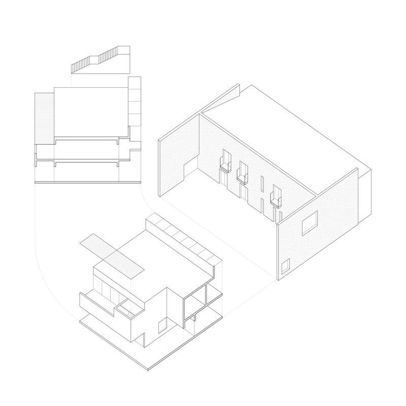 Axonometric drawing revealing multi-level volumes with a stair, terraces and an enclosed upper room