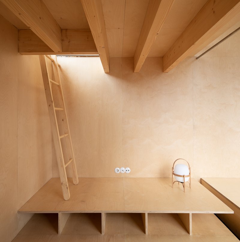 Plywood-lined mezzanine with exposed timber beams and ladder accessing upper level with built-in storage below