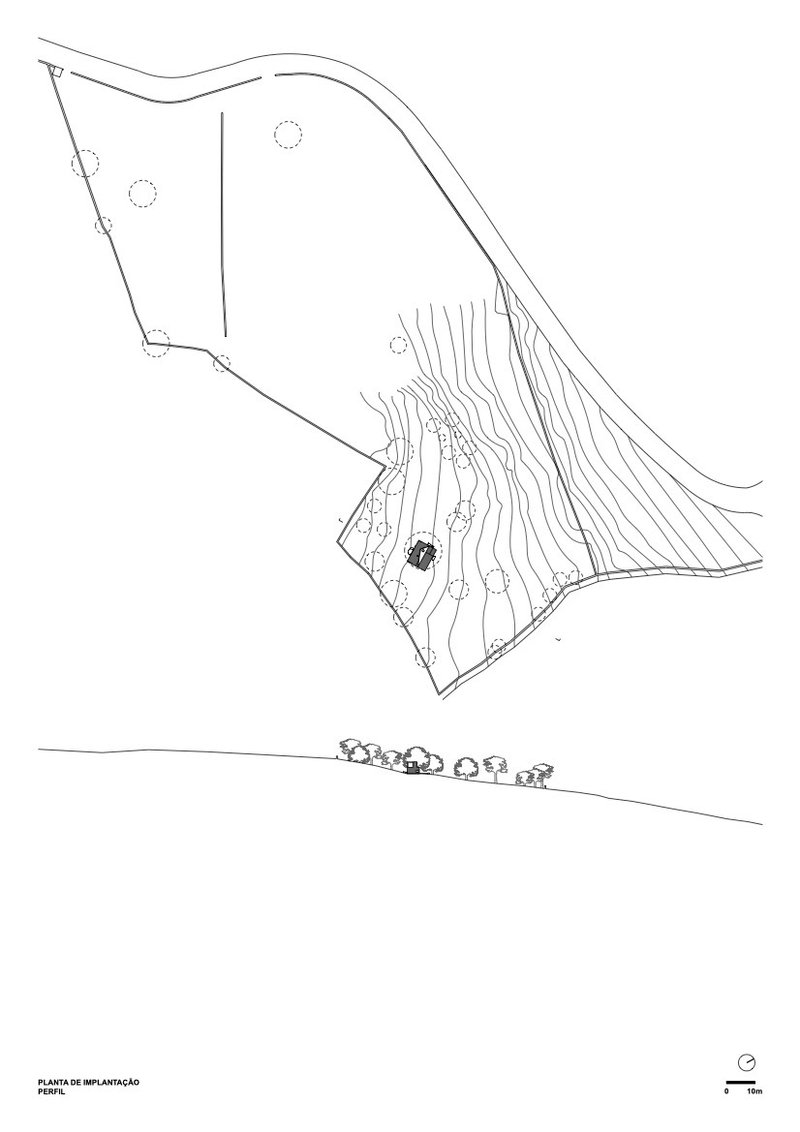 Site plan drawing showing building footprint on sloped terrain with topographic contour lines and trees
