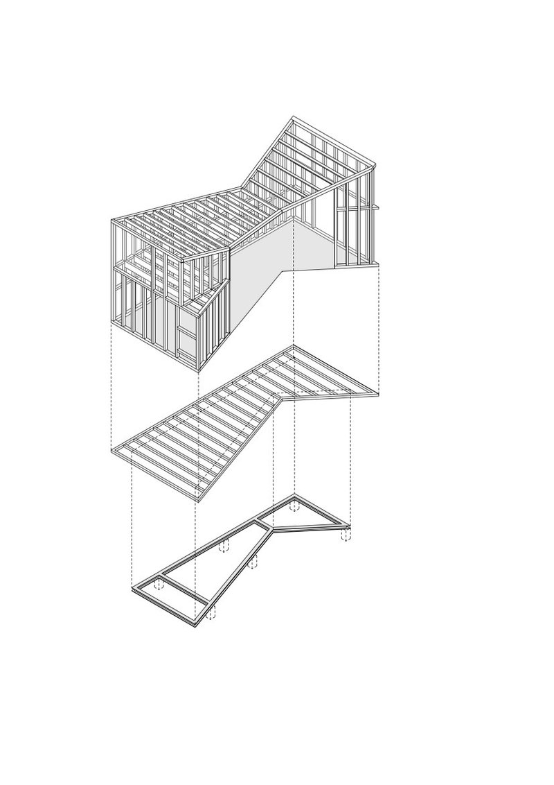 Axonometric drawing showing timber framing components separated into roof deck and foundation layers
