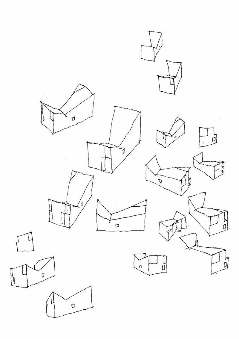 Axonometric sketch studies showing multiple variations of angular roof forms and fenestration arrangements