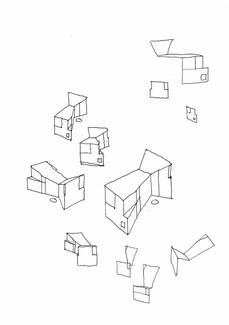 Isometric drawing studies exploring different configurations of pitched roofs with openings and window placements