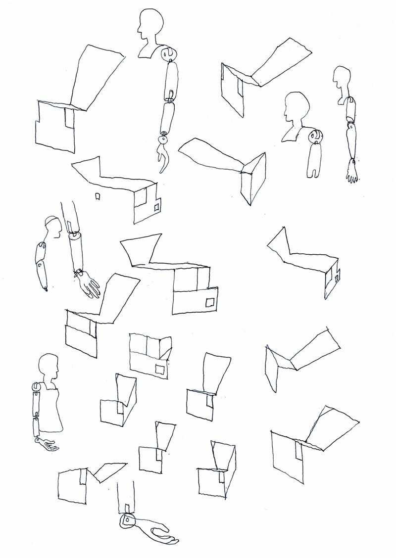 Conceptual sketches of volumetric studies with human figure mannequins providing scale reference