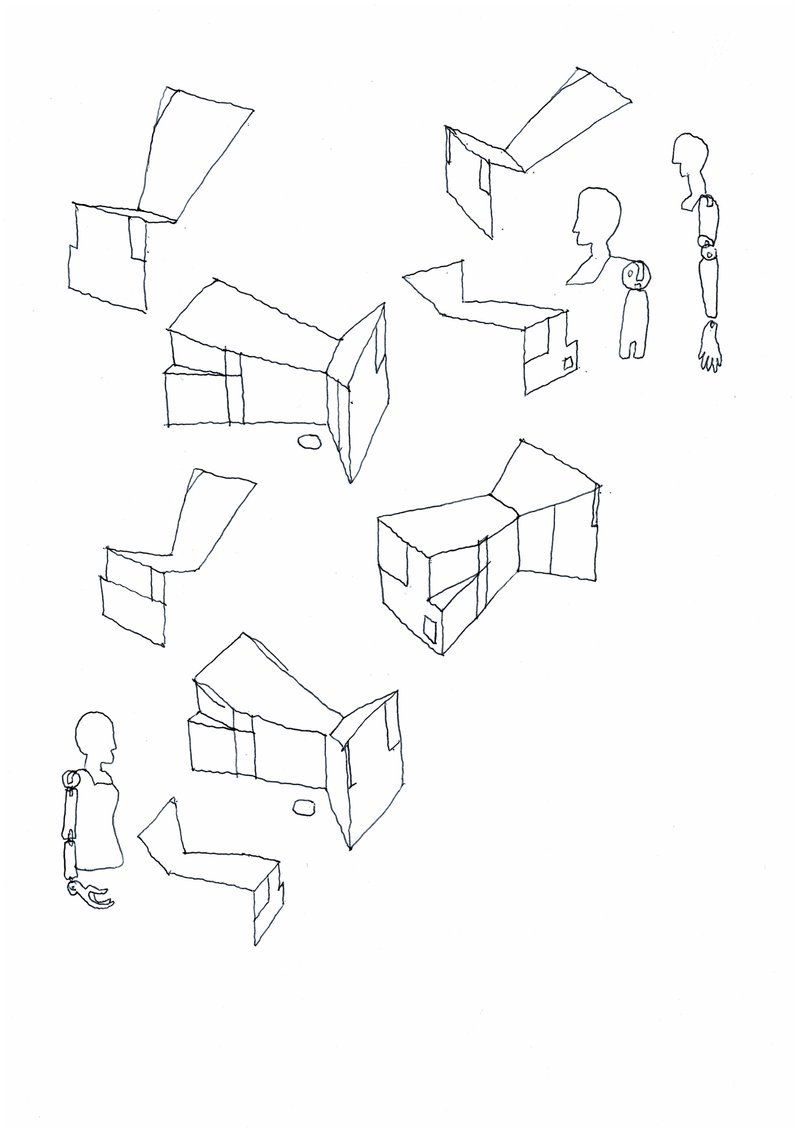 Axonometric drawings showing interior spatial arrangements with scale figures and varied roof configurations