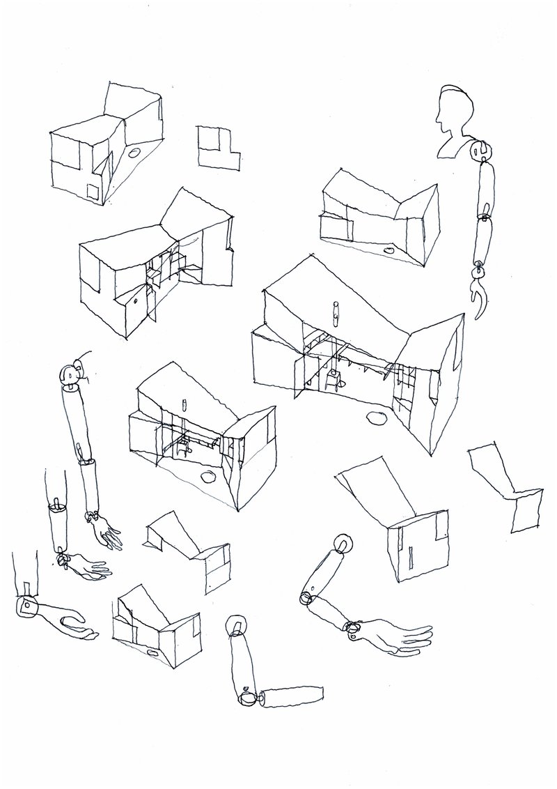 Isometric sketches depicting sectional views of interior spaces with furniture layouts and articulated figure studies