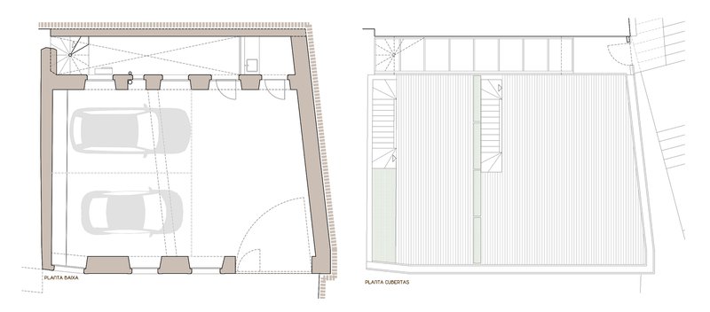 Floor plan drawings of lower level parking garage and upper terrace with stair access