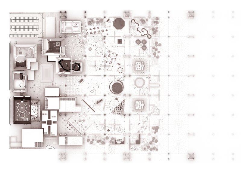 Floor plan drawing depicting gallery spaces, courtyards, and circulation paths in muted tones