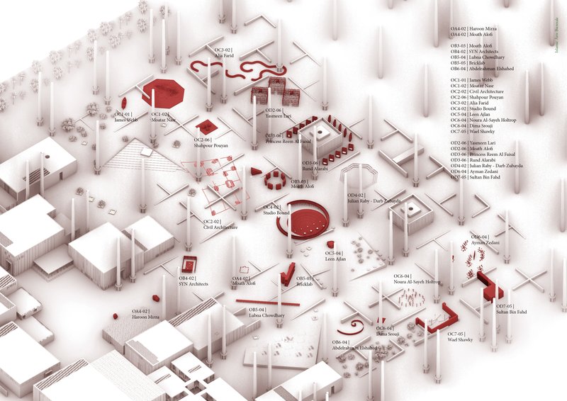 Axonometric drawing showing campus layout with labeled buildings, courtyards, and pathways highlighted in red