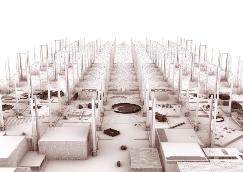 This architectural image presents a conceptual design in a wireframe style, showcasing a futuristic urban landscape. The design features a grid of columns with