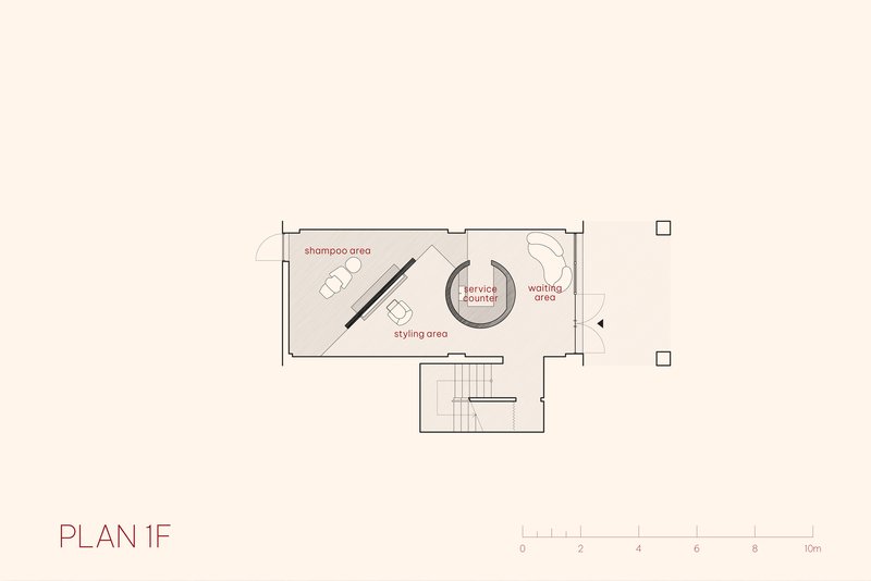 First floor plan drawing showing shampoo area, service counter, and waiting zone with stair