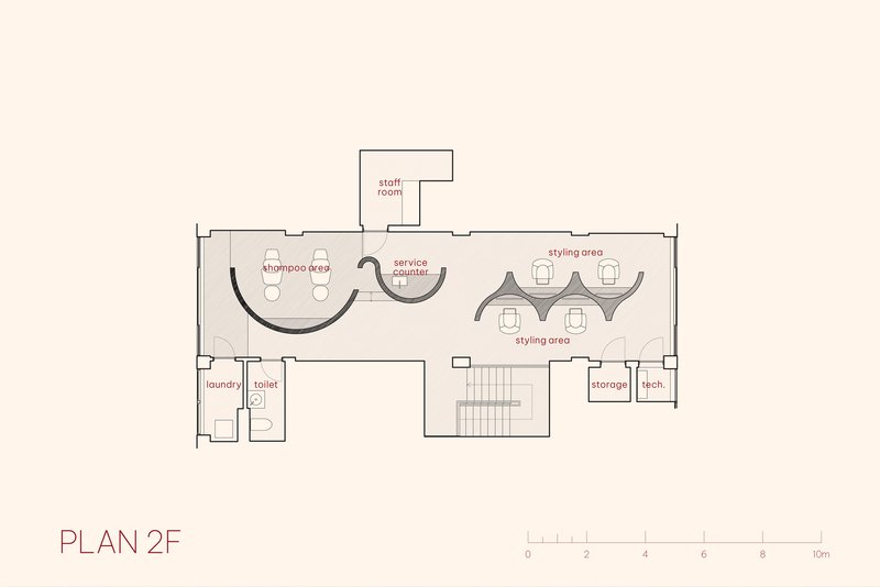 Second floor plan drawing showing styling areas, shampoo zone, and support spaces