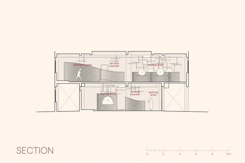 Section drawing illustrating the two-level interior with arched openings and spatial relationships