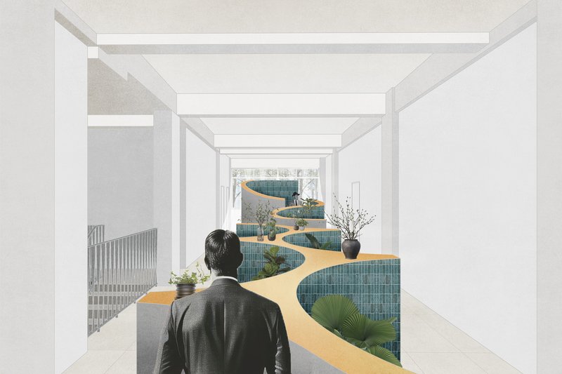 Rendering showing a person viewing a serpentine ramp lined with teal tiled planters in a white gallery space