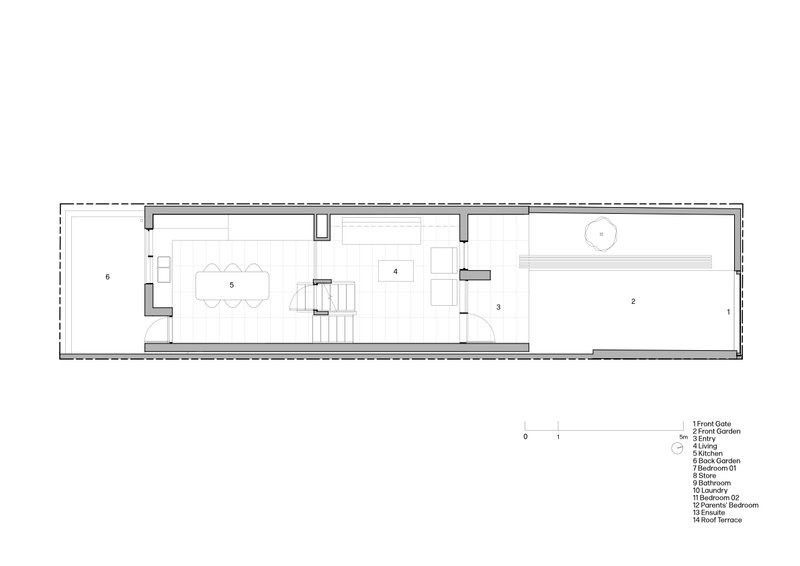 Ground floor plan showing a linear arrangement of living, kitchen, and bedroom spaces