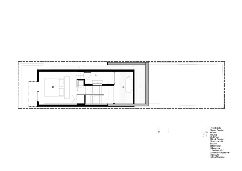 Second floor plan showing rooftop terrace, enclosed sitting room, and central stairwell