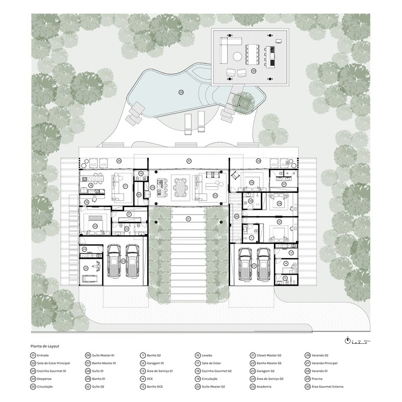 Floor plan drawing showing residential layout with central courtyard and surrounding tree canopies