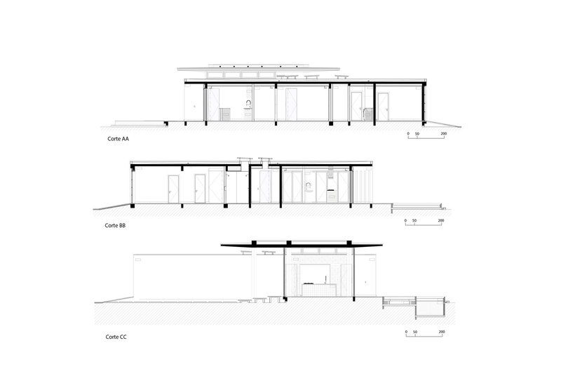 Section drawings showing three cuts through the single-story structure with flat roof and columns