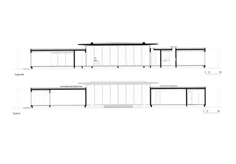 Section drawings revealing the building's split massing with a glazed central pavilion between solid volumes
