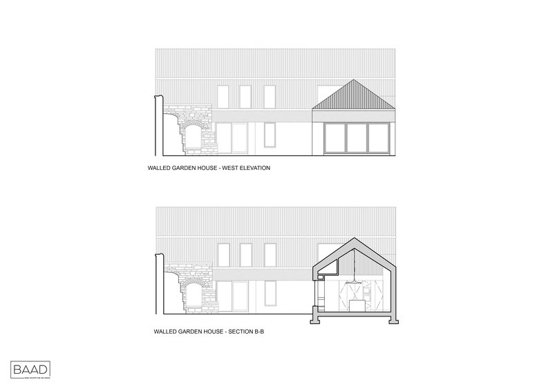 West elevation and section drawing revealing a glazed gable-roofed pavilion adjoining a corrugated-clad volume