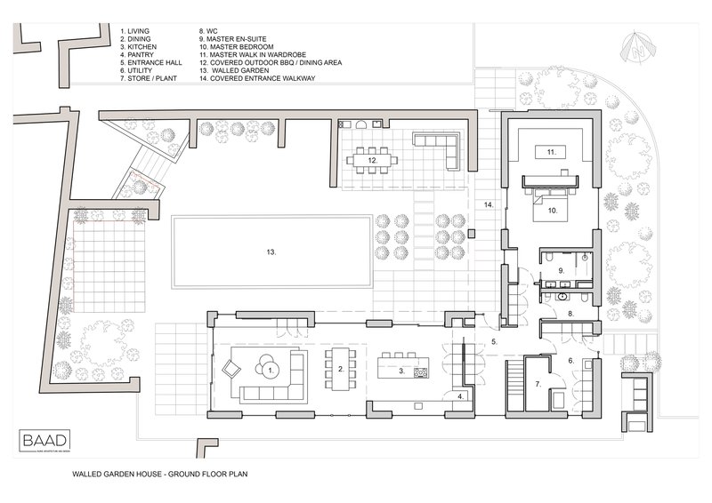 Ground floor plan drawing showing living spaces organized around a central courtyard pool with surrounding planted areas