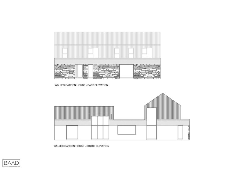 Elevation drawings showing east and south facades with stone base, vertical cladding, and pitched roof volumes