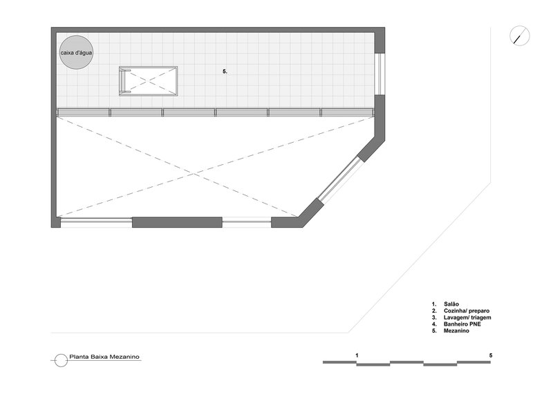 Floor plan drawing showing a mezzanine level with water feature and viewing area overlooking the space below