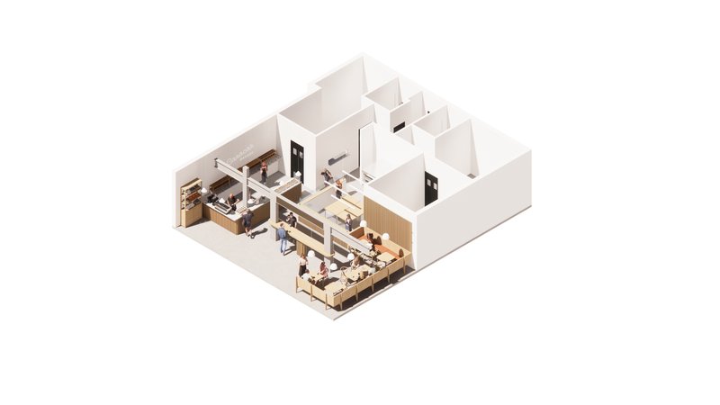 Axonometric cutaway drawing showing the interior spatial arrangement with figures at work stations