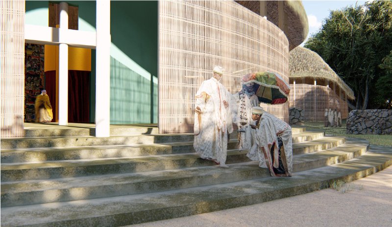 A ceremonial entrance where vernacular architecture, filtered light, and sacred rituals shape the spiritual identity of the Eco-Chapel.